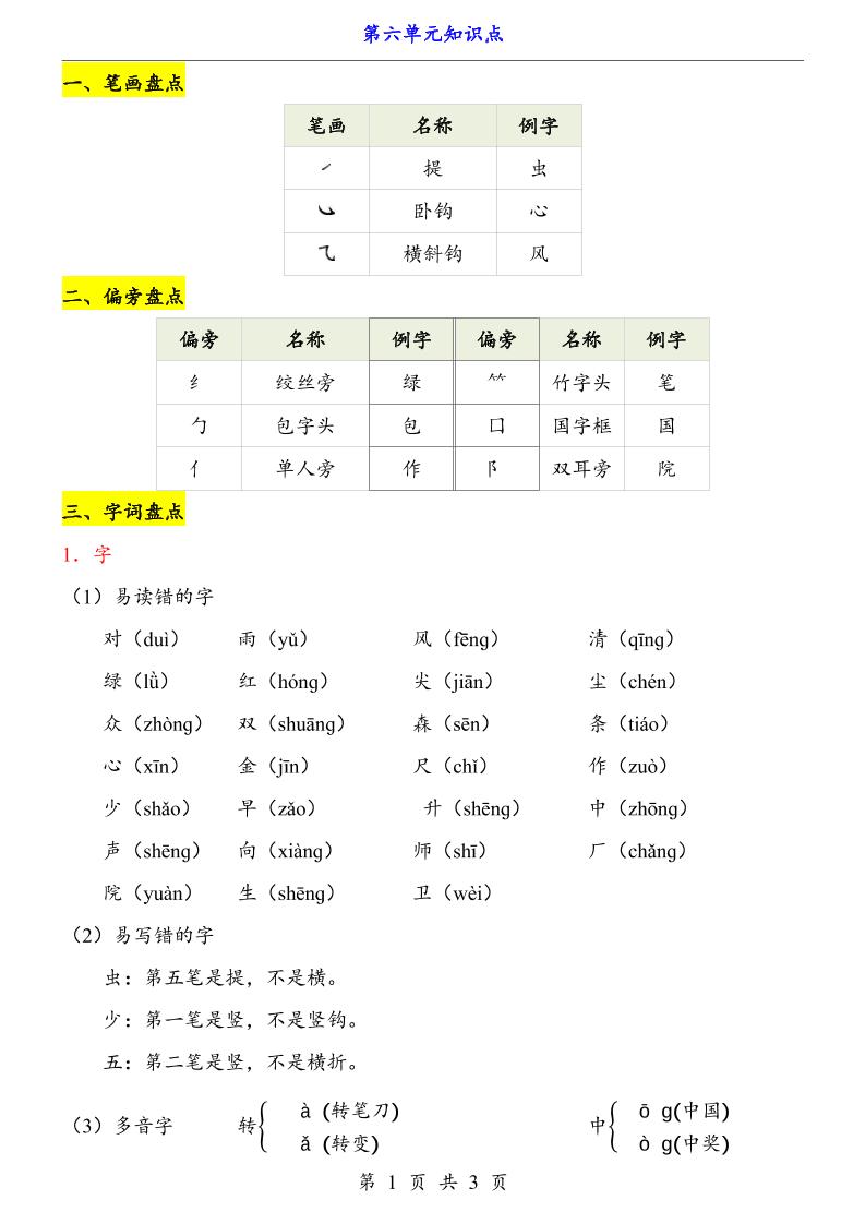 第6单元（知识点）一上语文-柒柒资源网