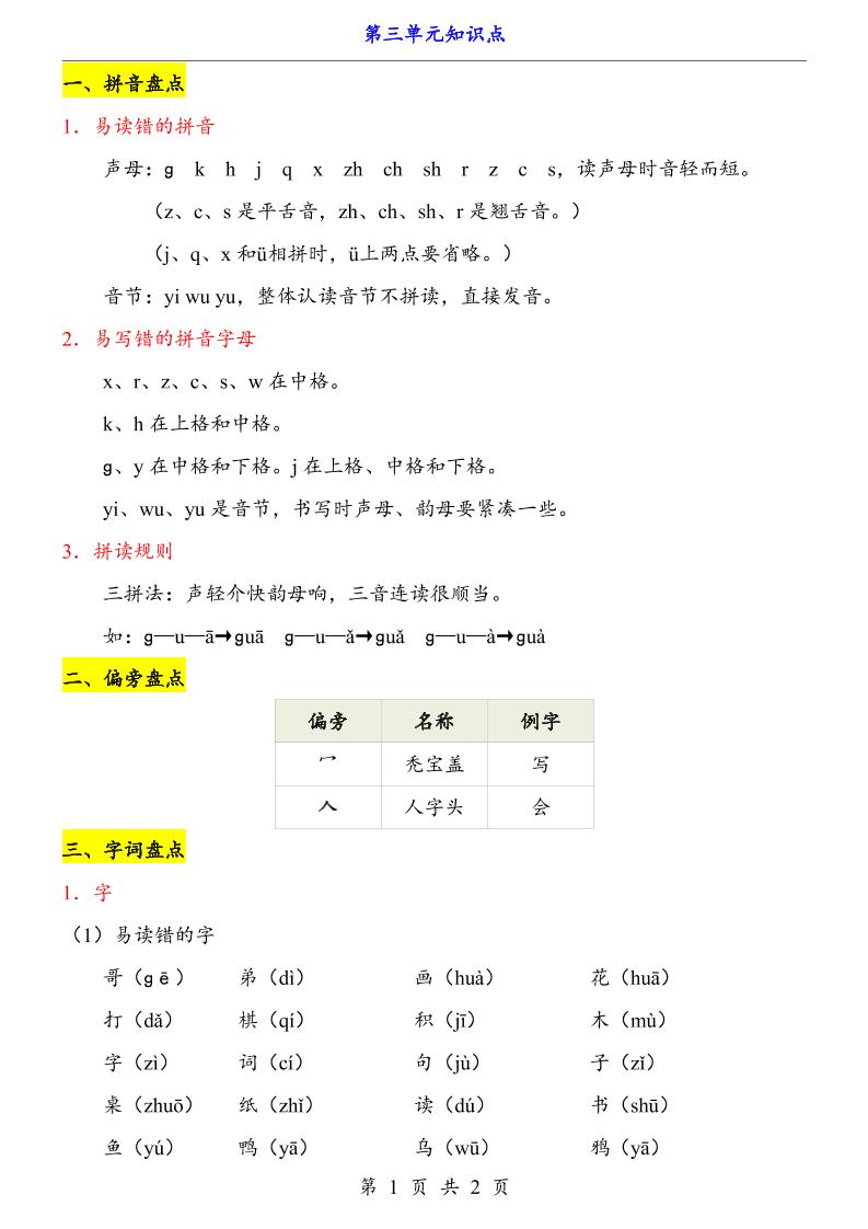 第3单元（知识点）一上语文-柒柒资源网