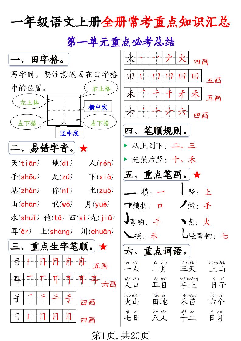 一年级语文上册全册常考重点知识汇总-柒柒资源网